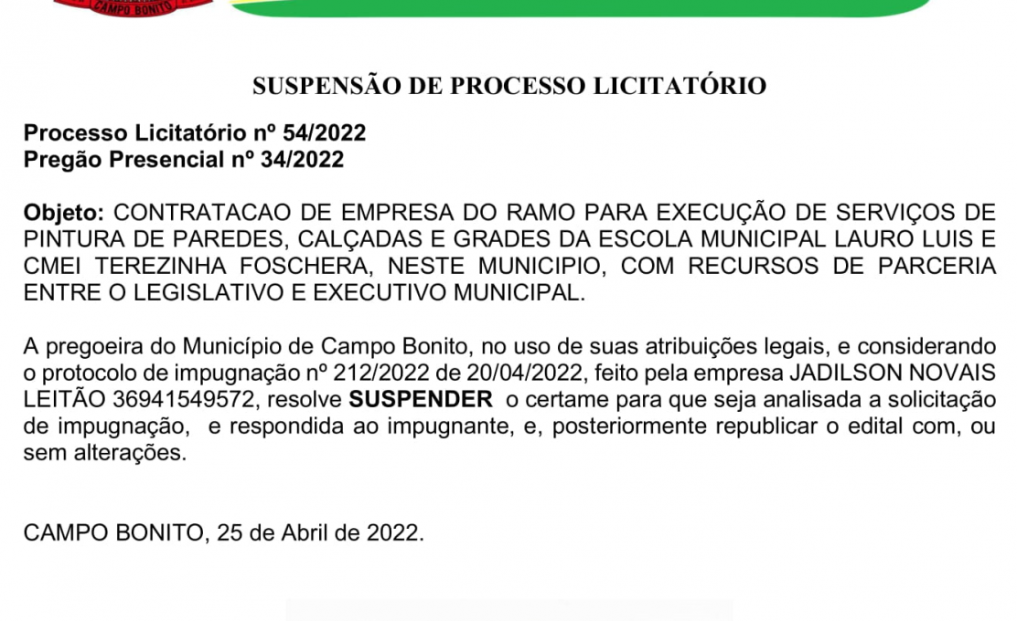 SuspensÃo Do PregÃo 34-2022 Pintura Das Escolas